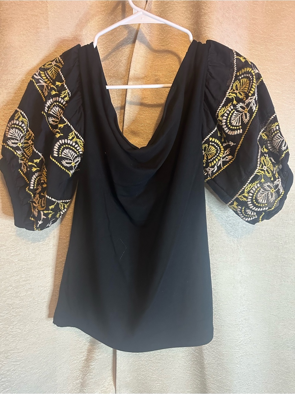 Free People Black Puff Sleeve Embroidered Blouse with Yellow Accents